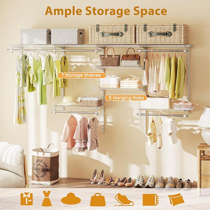 Tangkula 4 to 8 FT Custom Closet System, Wall Mounted Closet with Hanging Rod, Metal Hanging Storage Organizer Rack Wardrobe with Shelves, Adjustable Closet System Kit for Bedroom (White)