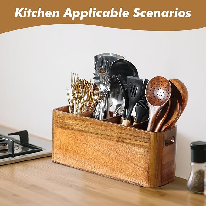 Kitchen Utensil Holder for Counter or Countertop, Extra Large Acacia Wood Organizer with 4 Compartments, Wooden Storage for Cooking and Silverware, Rustic Minimalist Decor, Sturdy Utensil Crock
