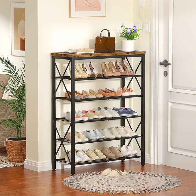 6-Tier Shoe Rack Organizer, Large Capacity Shoe Shelf with Metal Shelves, Holds up to 24 Pairs of Shoes, Shoe Storage for Entryway Closet Bedroom, Rustic Brown