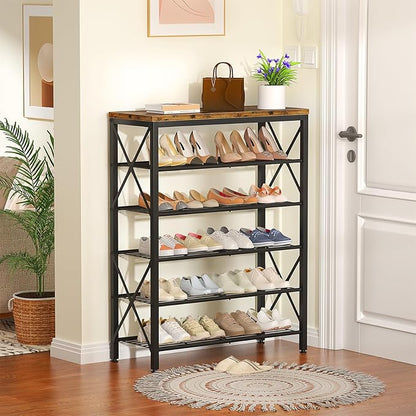 6-Tier Shoe Rack Organizer, Large Capacity Shoe Shelf with Metal Shelves, Holds up to 24 Pairs of Shoes, Shoe Storage for Entryway Closet Bedroom, Rustic Brown