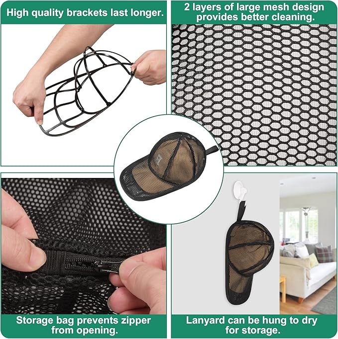 NAZZO Hat Washer for Dishwasher Washing Machine, Hat Cleaner Protector Holder for Curved Caps with Mesh Bag, Foldable Cap Washer Frame Cage Universal Adult Kids Basketball Cap, Black, 2 Pack