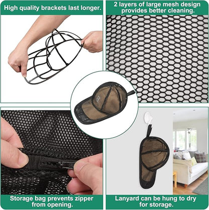 NAZZO Hat Washer for Dishwasher Washing Machine, Hat Cleaner Protector Holder for Curved Caps with Mesh Bag, Foldable Cap Washer Frame Cage Universal Adult Kids Basketball Cap, Black, 2 Pack