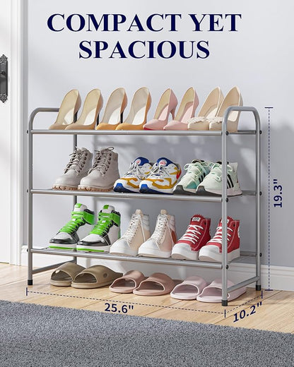 Kitsure Shoe Rack - Stainless Steel Shoe Organizer, Sturdy Shoe Rack for Closet and Front Door Entrance, Free Standing Shoe Shelf, Closet Organizers and Storage, 25.6" Wide - 3 Tier, Grey