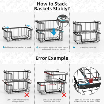 Deep freezer organizer bins-Fit 10 to 20 Cu.FT，4Pcs stackable wire baskets for freezer，Vegetable Fruit Basket，kitchen countertop organizer，U-shaped front opening，Black,15.94"L ×13"W ×8"H