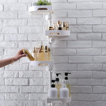 shuang qing 4-Tier Corner Shower Caddy Tension Pole Organizer - Adjustable Rustproof Metal Tension Pole, Plastic Shelves with Safety Guardrail, Bathroom Storage for Shower & Bathtub(White)