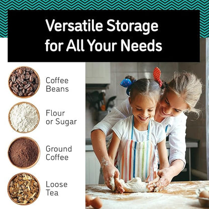 Coffee Gator Coffee Canister, 22oz Airtight Stainless Steel Kitchen Food Storage Container with Date Tracker, Valve, Scoop for Sugar, Grounds, Beans, Tea, Sugar, Cereal, Flour, Cookies Jars - Black