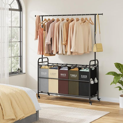 Tajsoon Laundry Sorter Cart with Hanging Rack, 5 Section Laundry Hamper, 246L (65 Gal.) Laundry Basket with Wheels, Removable Hamper Organizer for Dirty Clothes Bathroom Cloakroom, 5 Colors
