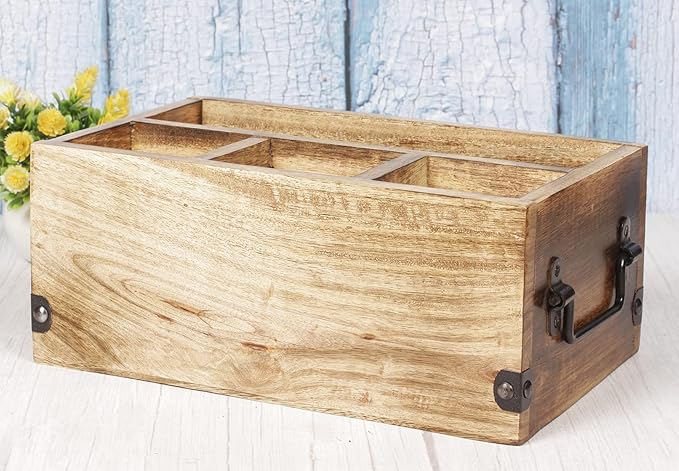 Mother's Day Gifts Wooden Kitchen Utensil Holder With 4 Compartments Wood Cutlery Utensil Organiser Flatware Caddy Organizer for Party | Silverware Condiment Organizer with Napkin Holder for Dining
