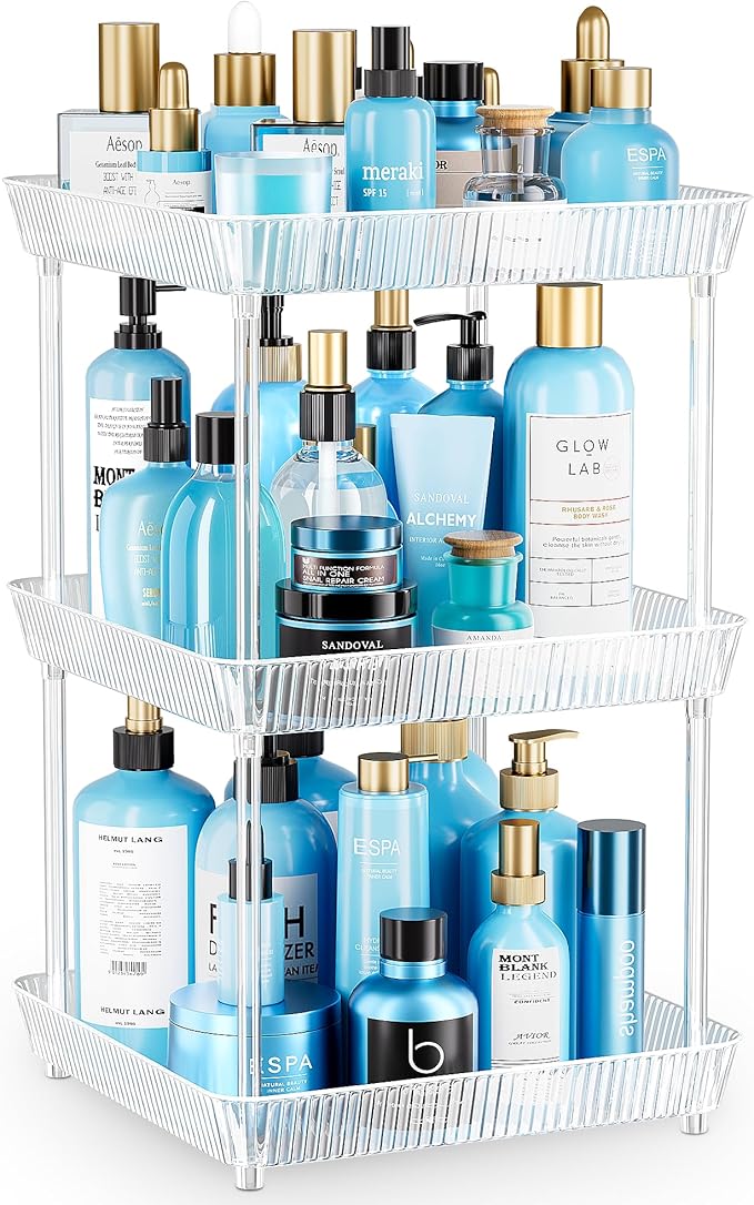 3 Tier Lazy Susan Bathroom Countertop Organizer, 360° Clear Rotating Square Storage Tray, Cosmetics and Perfume Organizer, Spinning Storage Tray Vanity Organizer Shelf for Bathroom Cabinet, Kitchen