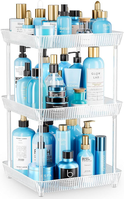 3 Tier Lazy Susan Bathroom Countertop Organizer, 360° Clear Rotating Square Storage Tray, Cosmetics and Perfume Organizer, Spinning Storage Tray Vanity Organizer Shelf for Bathroom Cabinet, Kitchen