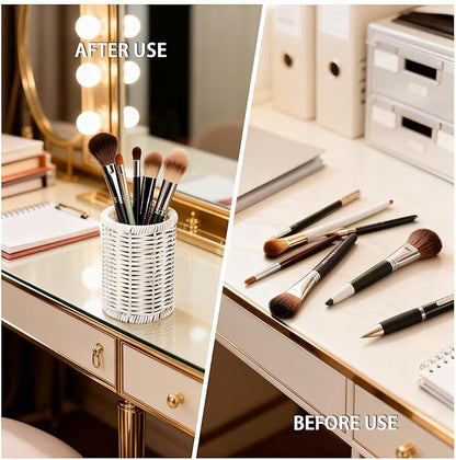 Rattan Jars, Rattan Desk Organizer, Bathroom Essentials Accessories Decor, Vanity Makeup Storage Organizer, for Cotton Balls, Pads, Floss Picks-Minimalist Decor , White(DP053)