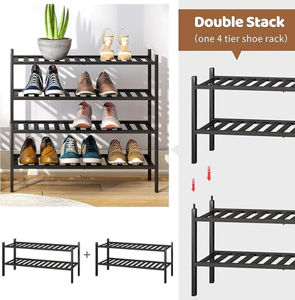 Bamboo Shoe Rack Stackable Shoe Shelf Storage Organizer for Unit Entryway Hallway and Closet Sturdy Freestanding Shoe Shelf(2 Tier Black)