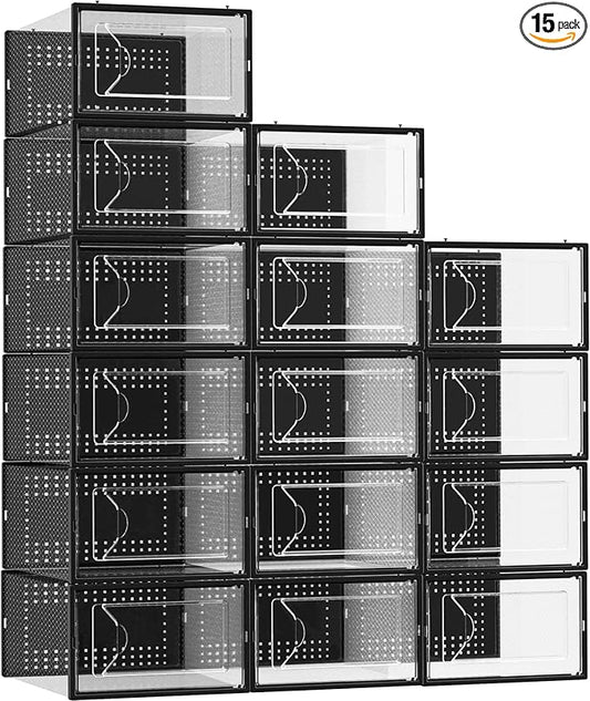 Foluck Shoe Storage Box, 15 Pack Clear Plastic Stackable Shoe Organizer for Closet, Interlocking Design for Sneakers, Foldable Shoes Container Rack with Lids, Black
