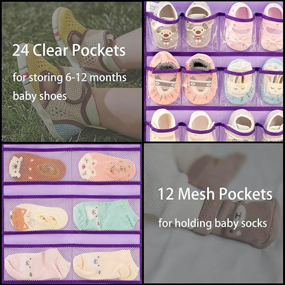 Dual-sided Hanging Baby Shoes Organizer Closet Toddler Shoe Storage Holder for Kids Bow Socks Underwear (PURPLE)
