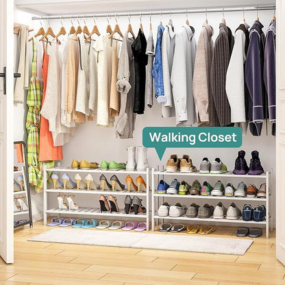 viewcare 3-Tier Long Shoe Rack, Bamboo Wood Shoe Rack for Closet, Entryway & Hallway, Stackable White Shoe Shelf Storage Organizer for Indoor Outdoor