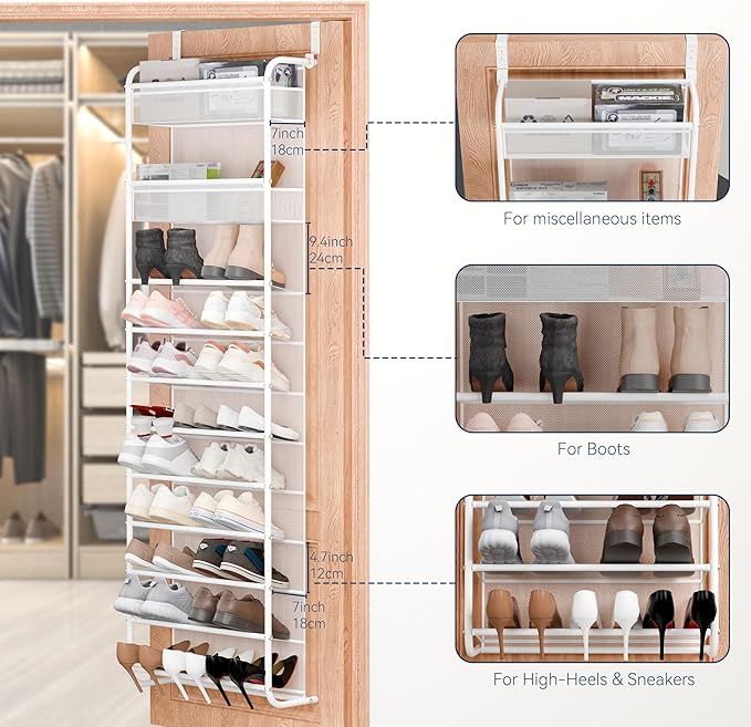 Whitmor 27 Pair Over The Door Shoe Organizer, 11 Tier Hanging Shoe Organizer, Heavy Duty Metal & Mesh Shoe Holder, Hanging Shoe Rack for Closet Organizer & Storage,79.9"L x 21.7"W x 7.5"H, White