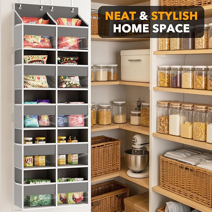 SpaceAid Extra Large Over The Door Organizer with 10 Large Pockets and 10 Mesh Side Pockets, 5 Layers Door Organizer Hanging with Clear Window for Bedroom, Bathroom, Pantry and Nursery, Gray