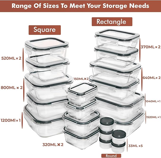 Razab 35 Pc Set Glass Food Storage Containers with Lids - Meal Prep Airtight Bento Boxes BPA-Free 100% Leak Proof (15 lids,15 glass & 5 Plastic Sauce/Dip Containers)