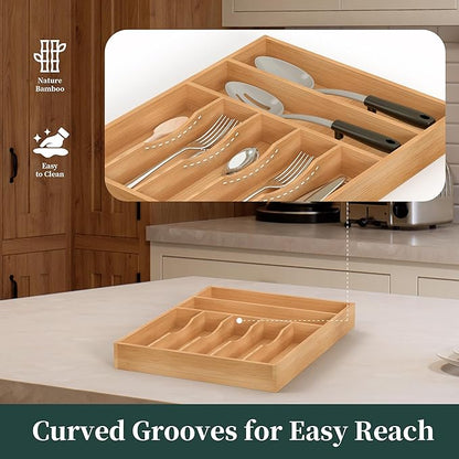Silverware Organizer, Bamboo Kitchen Drawer Organizer, Utensil Holder, Cutlery Tray & Spoon Flatware Storage with Grooved Drawer Dividers (13''W x 17''D)