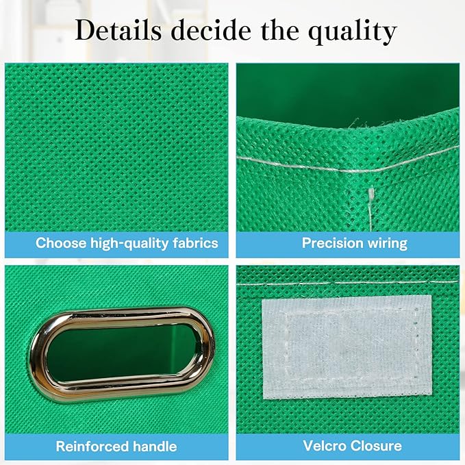 STOREONE Fabric Storage Cube Bins Foldable Organizer Container Collapsible Basket with Lids and Metal Handles, for Home, Bedroom, Closet 3 Pcs (Green)