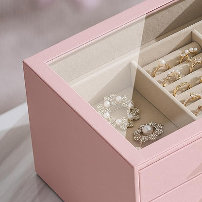 pickpiff Jewelry Box Organizer Case for Women: 3-Layer Jewelry Storage Case with Glass Window, Pink Leather with Velvet Holder for Ring Necklace Bracelet Brooch Watch, Great Gift for Her