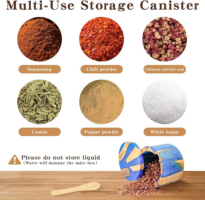 Handcrafted Salt Box Resin Wooden Container Swivel Lid with Magnetic to Easily Open Seal Salt Cellar Free Spoon for Storing Salt Pepper Sugar Herbs Small Spice Box Storage Kitchen Accessory