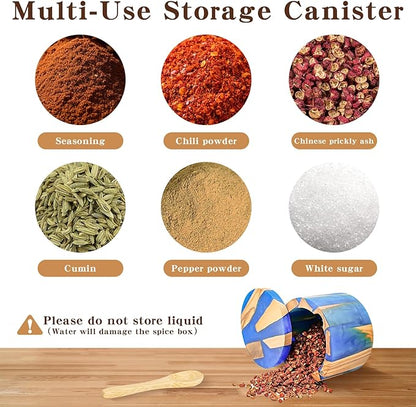 Handcrafted Salt Box Resin Wooden Container Swivel Lid with Magnetic to Easily Open Seal Salt Cellar Free Spoon for Storing Salt Pepper Sugar Herbs Small Spice Box Storage Kitchen Accessory
