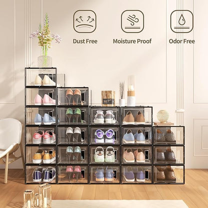 12 Pack X-Large Clear Shoe Storage Boxes, Stackable Modular Plastic Shoe Organizer Front-Opening Door, Fits up to US Size 9 to13, Ventilated Dust-Proof Sneaker Display Cases Closet and Entryway, Black