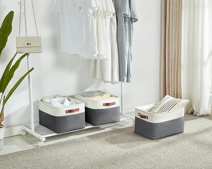 DECOMOMO Storage Bins, Large Fabric Storage Baskets for Shelves, Decorative Linen Closet Organizer, 15 x 11 x 9.5 inches (Slate Grey & White, 3 Pack)