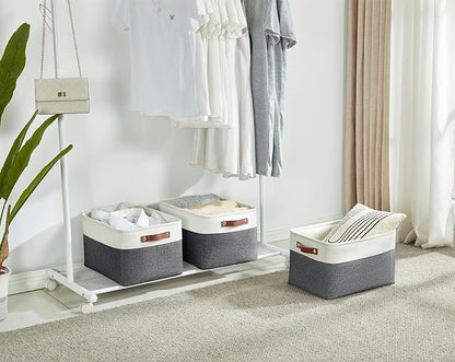 DECOMOMO Storage Bins, Large Fabric Storage Baskets for Shelves, Decorative Linen Closet Organizer, 15 x 11 x 9.5 inches (Slate Grey & White, 3 Pack)