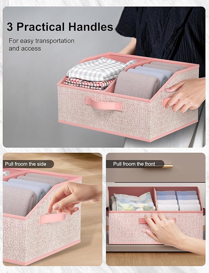 Fabric Wardrobe Storage Bins -6 Pack， Large Pink Foldable With Handles And Dividers Trapezoidal Wardrobe Storage Boxes, Suitable For Storing Clothes, Books, Wallets, Toys, Etc.
