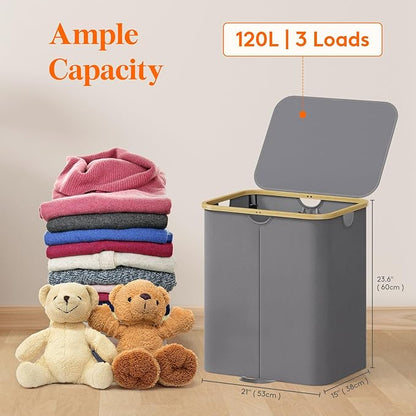 Lifewit 120L Double Laundry Hamper with Lid, Large Laundry Basket with Removable Bag & Bamboo Handles, Fodable Tall Dirty Clothes Hamper for Laundry Collapsible Bin for Bathroom Bedroom, Charcoal Gray