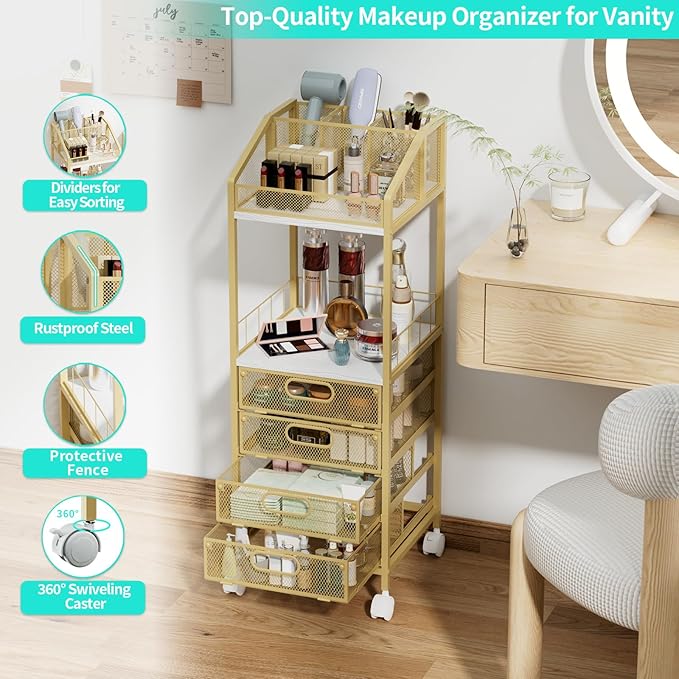 HapiRm Makeup Organizer Storage Cart - Floor Skincare Make Up Storage with 4 Drawers, Rolling Makeup Cart Vanity Organizer Cosmetics Display Cases Holder for Skin Care Perfume Nail Polish, Gold