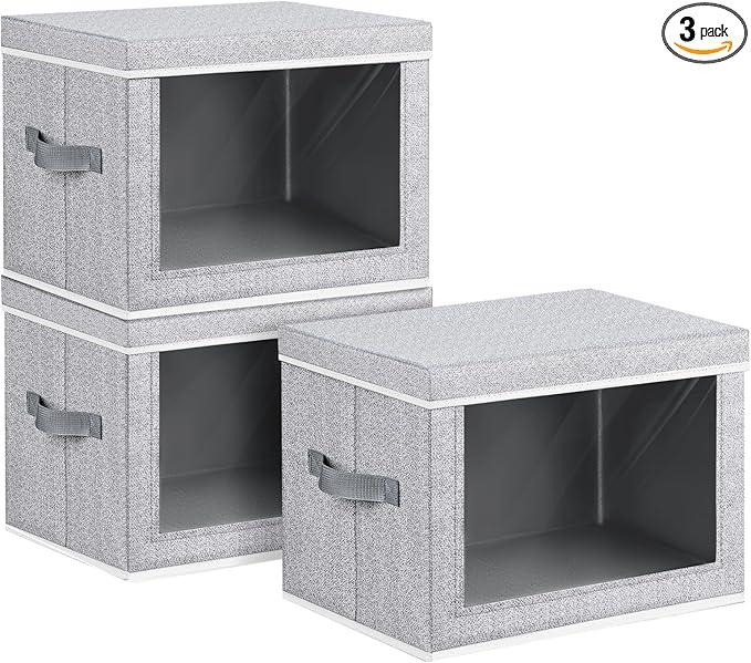 Homsorout Storage Bins with Lids, 3 Pack Large Storage Cubes with Window, Closet Bins with Lids & Handles, Fabric Box for Organizing Clothes, Towels, Books, Blended