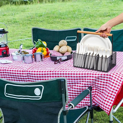 Paper Plate Organizer with Handle, Silverware Caddy Countertop, Paper Plate and Utensil Holder, Cutlery Caddy with 4 Compartments for Party, Camping, Picnic (Black)