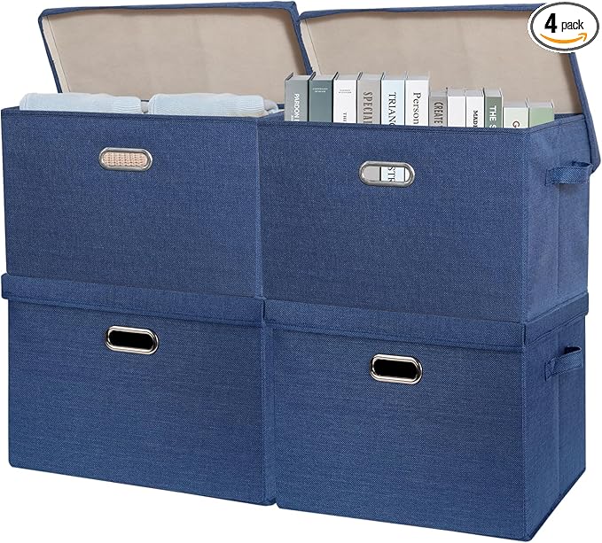 SNWDN 4 Pack Large collapsible Fabric Storage Bins with Lids Fabric storage box with lids for closet organizers and storage (Dark Blue 17.3x11.4x11.8 inches)