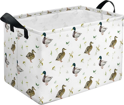 Mallard Duck Storage Basket, Collapsible Waterproof Canvas Organizer Bin, Funny Rectangular Kids Toys Storage Box Cute Mallard Duck Decor, Shelf Baskets for Closet Bedroom Office Dorm (Brown)