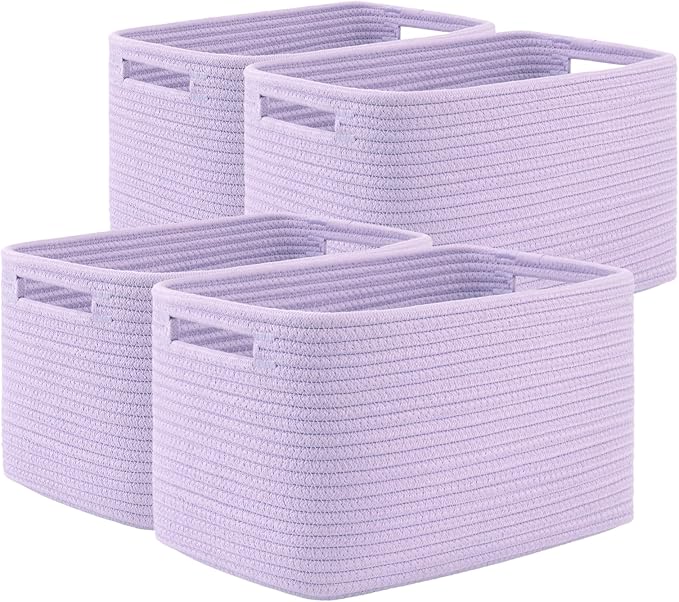 OIAHOMY 4 Pack Storage Baskets for Organizing, Cube Storage Bins for Shelves, Rectangle Storage Baskets With Handles, Woven Baskets for Storage, 12.7''Lx9''Wx7.8''H, Purple