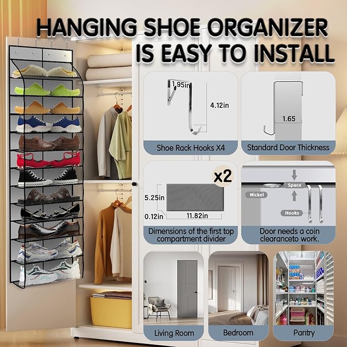 Kotkn Over The Door Shoe Organizer with 12 Large Breathable Pockets - Durable Hanging Storage for the Entire Family's Shoes (Gray)