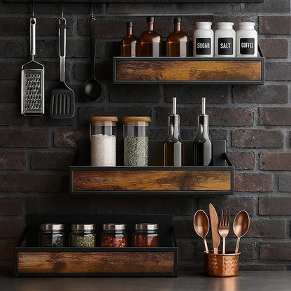 Spice Rack Wall Mount 3 Pack, Space-Saving Seasoning Organizer,Screw or Adhesive Hanging Spice Rack Organizer for Kitchen Cabinet and Wall (Engineered Wooden)