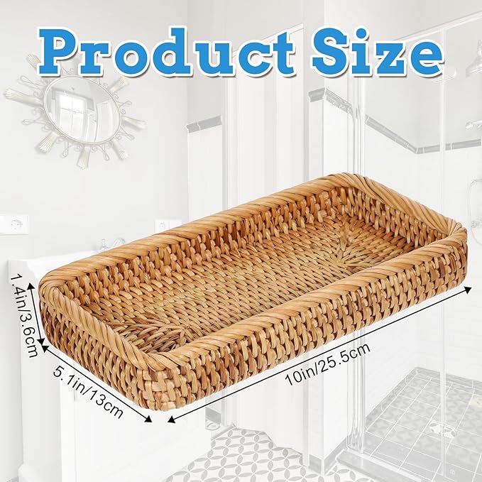 COMNICO Rattan Bathroom Vanity Tray, 10 Inch Natural Water Hyacinth Toilet Tank Baskets Decorative Wicker Vintage Storage Basket Topper Bins for Bathroom Kitchen Countertop Table