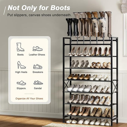 Free Standing Shoe Racks, 8-Tier Boot Rack Organizer for Tall Boots, Sneakers, High-Heel, Black Metal Shoe Storage for Dorm Room, Closet, Entryway, Hallway, Black, Holds 6 Pairs