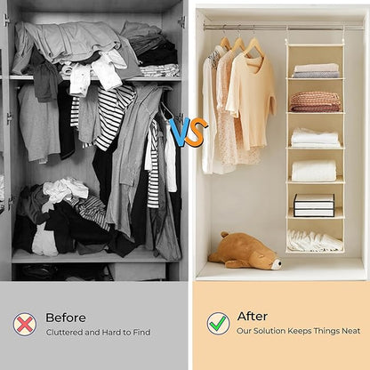 MAX Houser 6 Tier Shelf Hanging Closet Organizer, Closet Hanging Shelf with 2 Sturdy Hooks for Storage, Foldable (Beige-D3)