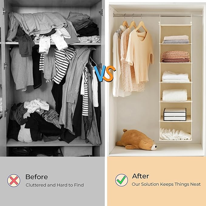MAX Houser 6 Tier Shelf Hanging Closet Organizer, Cloth Hanging Shelf with 2 Sturdy Hooks for Storage, Foldable (Beige)