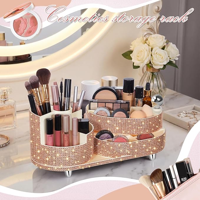 Teen Girls Mother's Day 360 Rotating Bling Makeup Organizer Gift Rhinestone Diamond Bathroom Organizer Girly Skin Care Brush Holder for Countertop, Bathroom Essentials(Champagne,Rhinestone)
