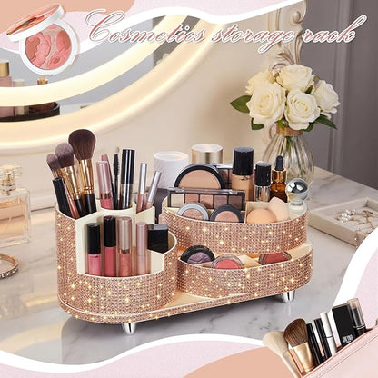 Teen Girls Mother's Day 360 Rotating Bling Makeup Organizer Gift Rhinestone Diamond Bathroom Organizer Girly Skin Care Brush Holder for Countertop, Bathroom Essentials(Champagne,Rhinestone)