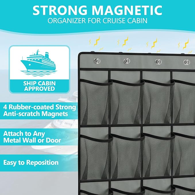 Esoes Cruise Ship Magnetic Door Organizer, 24 Pockets Magnetic Behind the Door Shoe Rack-4 Strong Anti-Scratch Magnets, Over the Door Organizer Cruise Essentials Storage for Cruise Cabin Travel