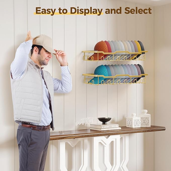 Nicetree Hat Racks for Baseball Caps Wall - Metal Hat Organizer for 48 Baseball Caps Holder, 2 Pack Hat Storage Organizer for Closet, Bedroom, Living Room Gold