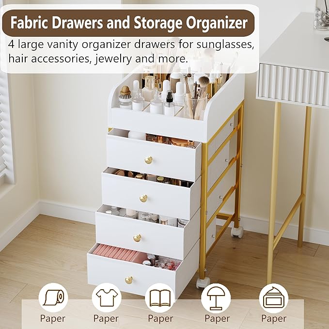 Rolling Makeup Organizer Cart - Under Desk Vanity Makeup Storage with 4 Fabric Drawers, Bathroom Storage Cart Cosmetic Display Cases for Nail Polish Brush Hair Tool