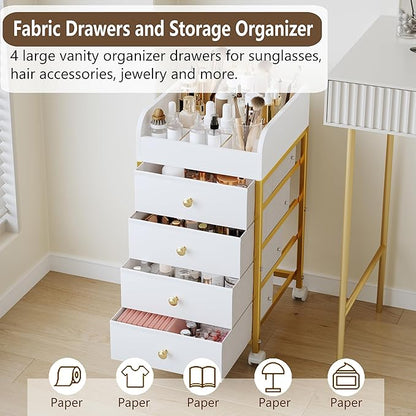 Rolling Makeup Organizer Cart - Under Desk Vanity Makeup Storage with 4 Fabric Drawers, Bathroom Storage Cart Cosmetic Display Cases for Nail Polish Brush Hair Tool